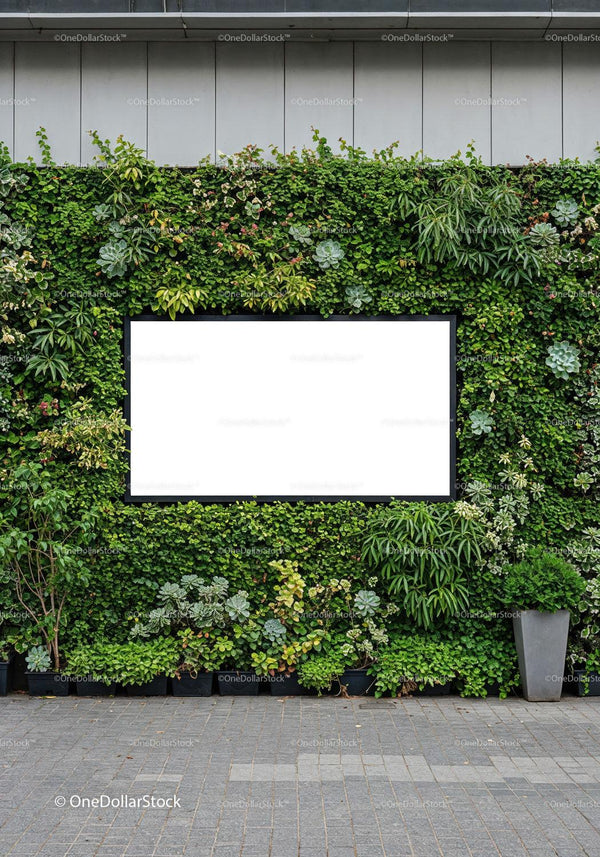 Urban Green Wall with Blank White Advertising Board JPG Mockup Image