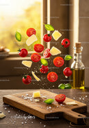 Fresh cherry tomatoes with basil and parmesan flying above board