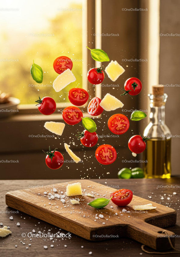 Fresh cherry tomatoes with basil and parmesan flying above board