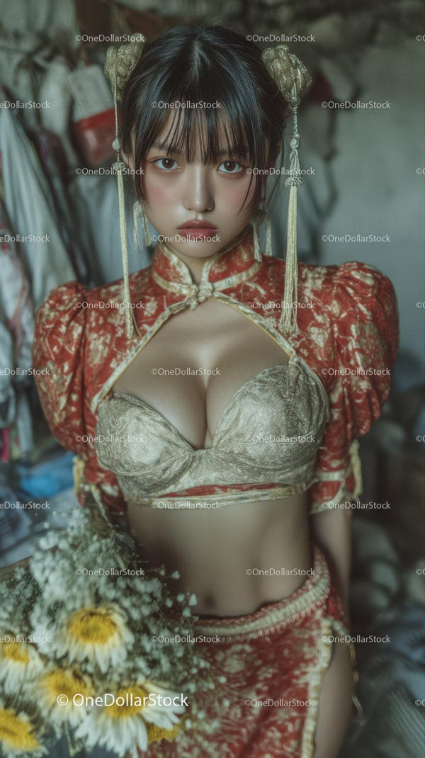 Elegant Asian Woman in Traditional Red and Gold Dress Portrait