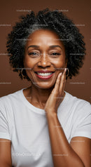 Elegant Elderly Woman with Curly Hair Showing Joyful Smile