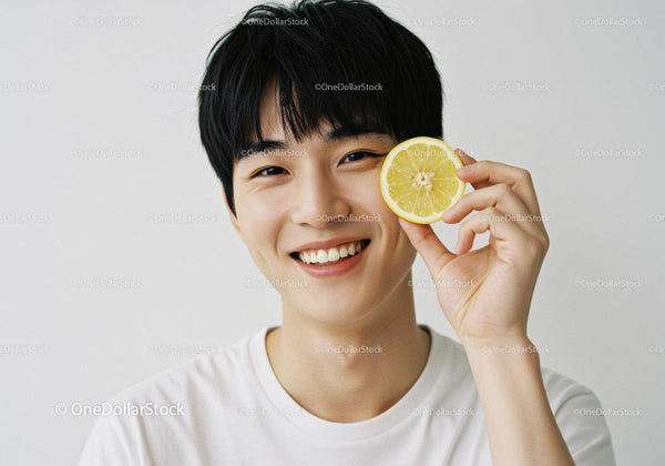 Young Man Smiling with Lemon Slice in Hand Bright Natural Portrait