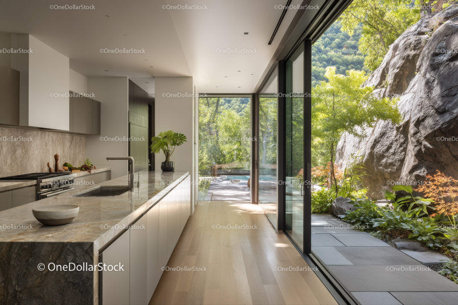 Modern Kitchen Overlooking Scenic Mountain Garden with Glass Doors