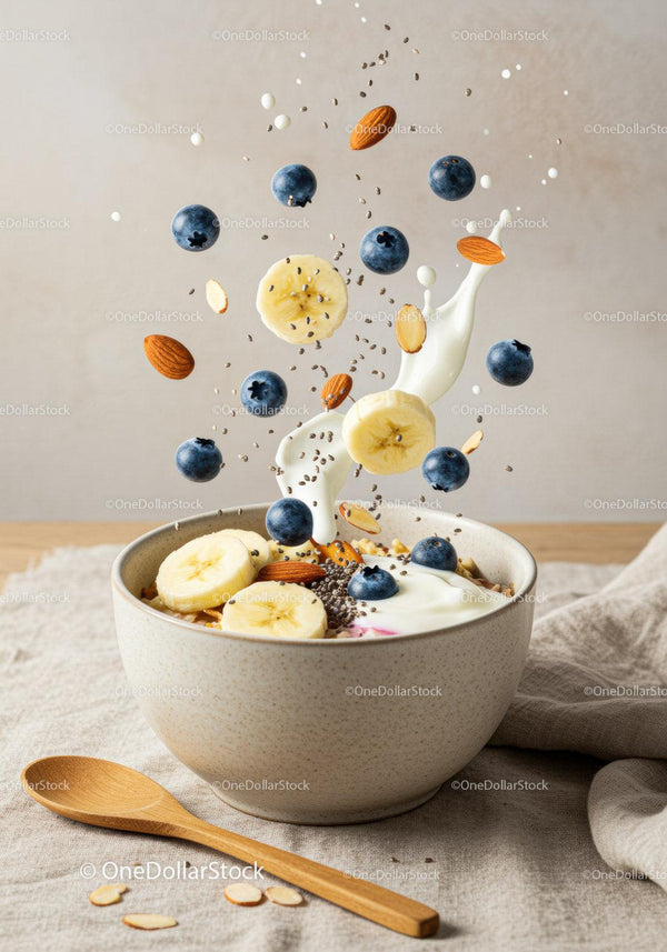 Healthy breakfast bowl with fresh fruit and yogurt splash