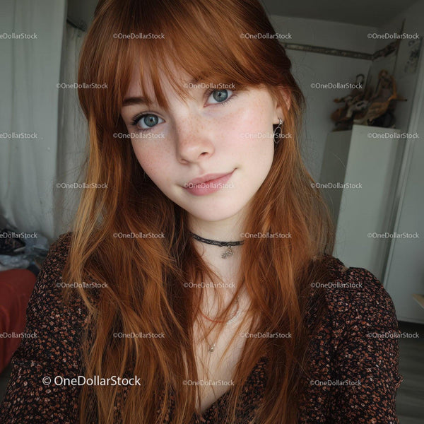 Young Woman with Red Hair and Bright Blue Eyes Indoors