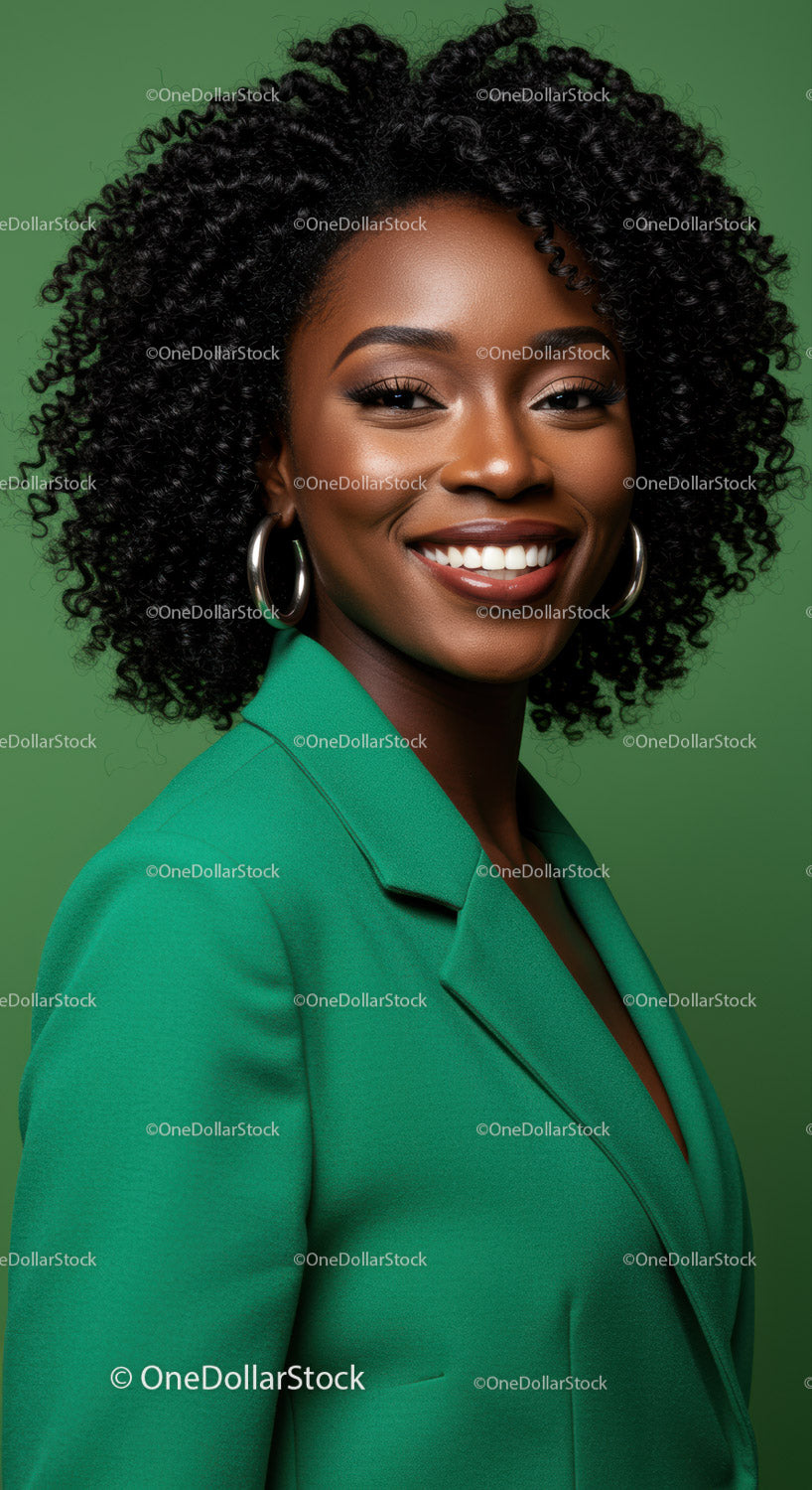 Elegant African American Woman in Green Blazer with Bright Smile