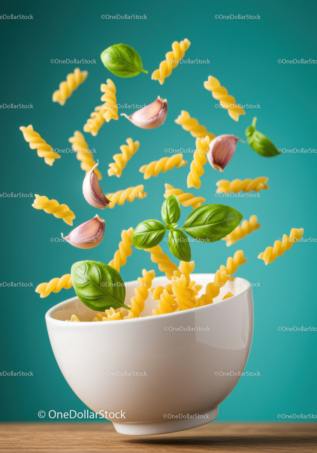 Dry Fusilli Pasta with Fresh Basil and Garlic Cloves