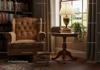 Cozy reading nook with leather armchair and warm lamp light