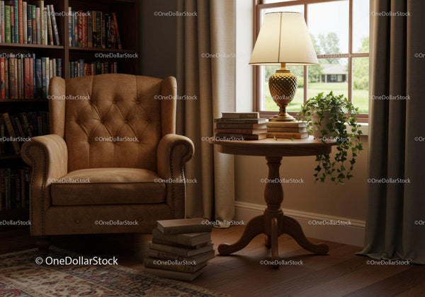 Cozy reading nook with leather armchair and warm lamp light