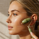 Young Woman Using Jade Roller for Facial Skin Rejuvenation