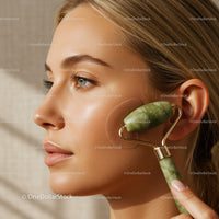 Young Woman Using Jade Roller for Facial Skin Rejuvenation