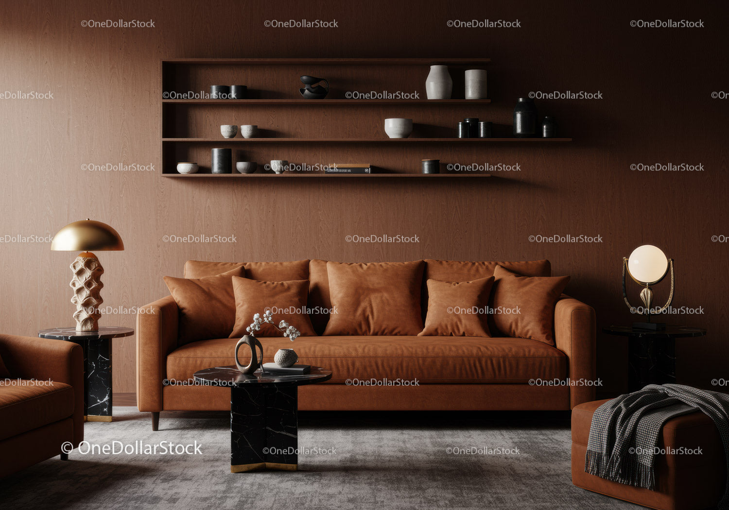 Modern living room with brown leather sofa and decor