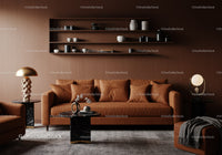 Modern living room with brown leather sofa and decor