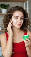 Young Woman Applying Face Cream for Skincare Routine at Home
