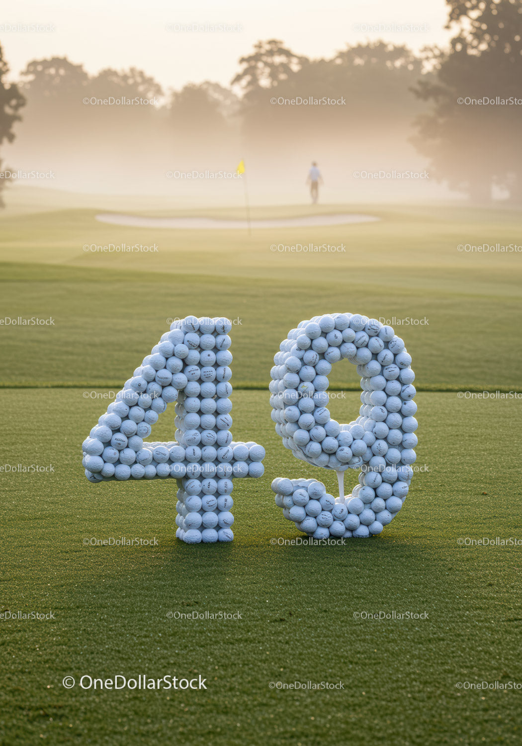 Pole golfowe z numerem 49 wykonane z piłek golfowych