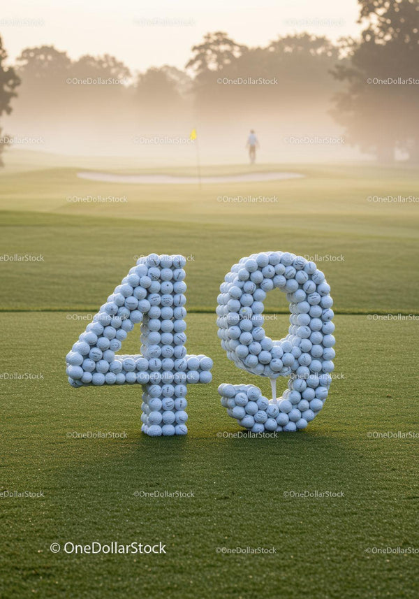 Pole golfowe z numerem 49 wykonanym z piłek golfowych