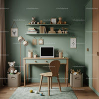 Cozy Children's Study Room with Wooden Desk and Clouds Decor