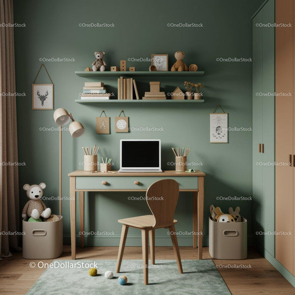 Cozy Children's Study Room with Wooden Desk and Clouds Decor