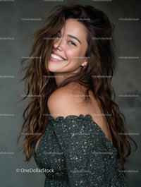 Joyful Woman with Curly Hair Wearing Trendy Black Outfit