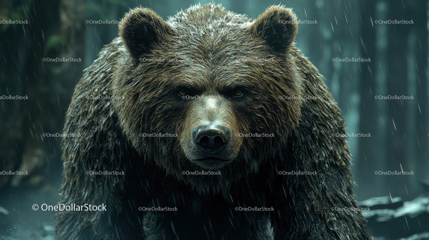 Majestic Brown Bear in Rainforest with Intense Look