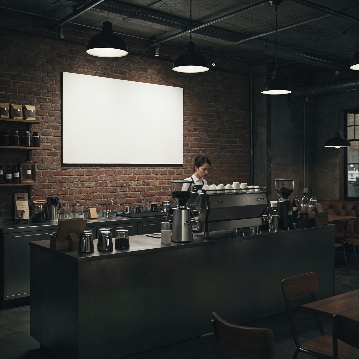 Barista working behind coffee bar in cozy cafe interior