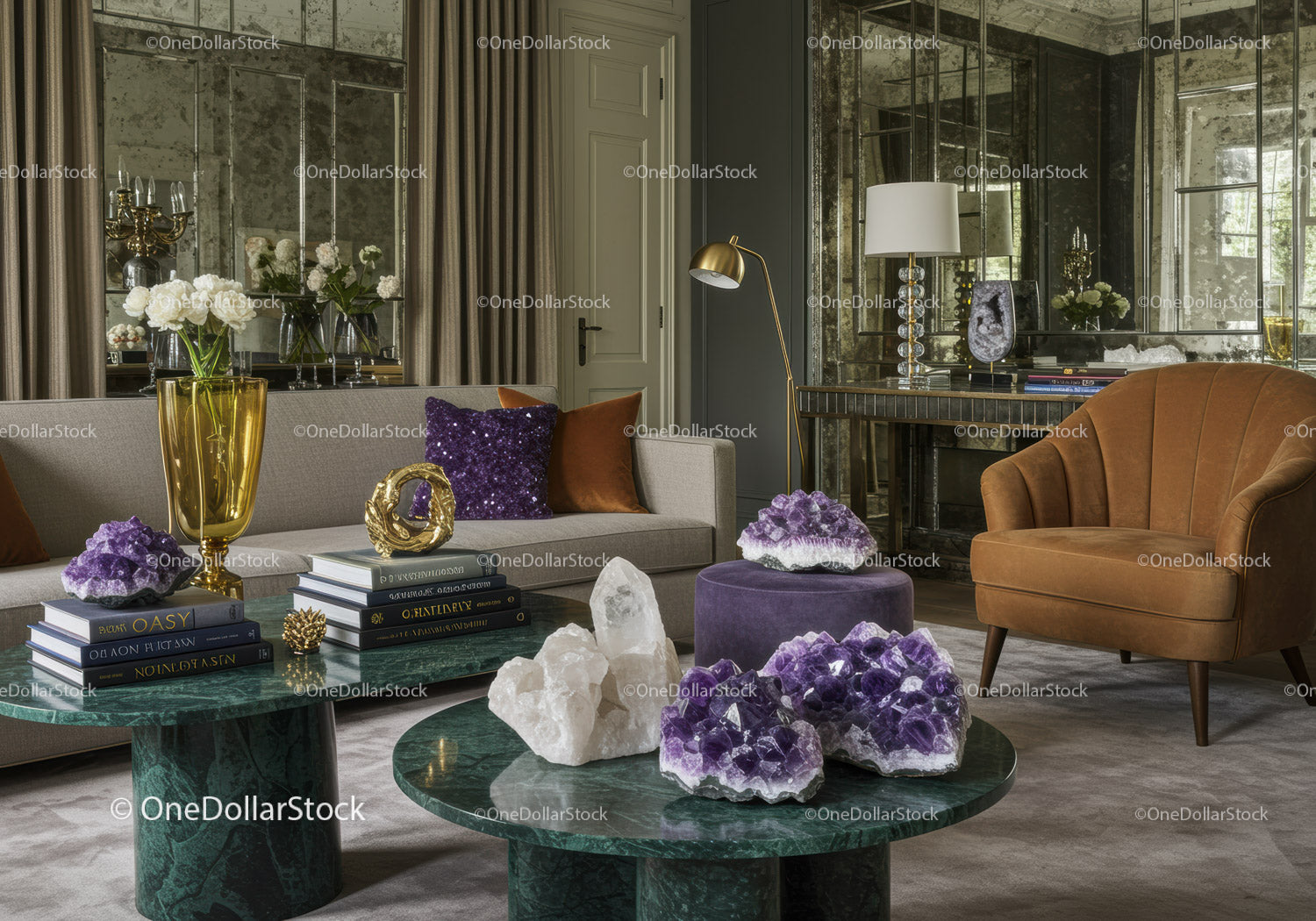 Elegancki salon z ametystową dekoracją i nowoczesnymi meblami