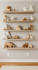 Assorted Wooden and Plush Toys Decorate a Cozy Kids Room Shelf