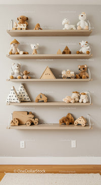 Assorted Wooden and Plush Toys Decorate a Cozy Kids Room Shelf