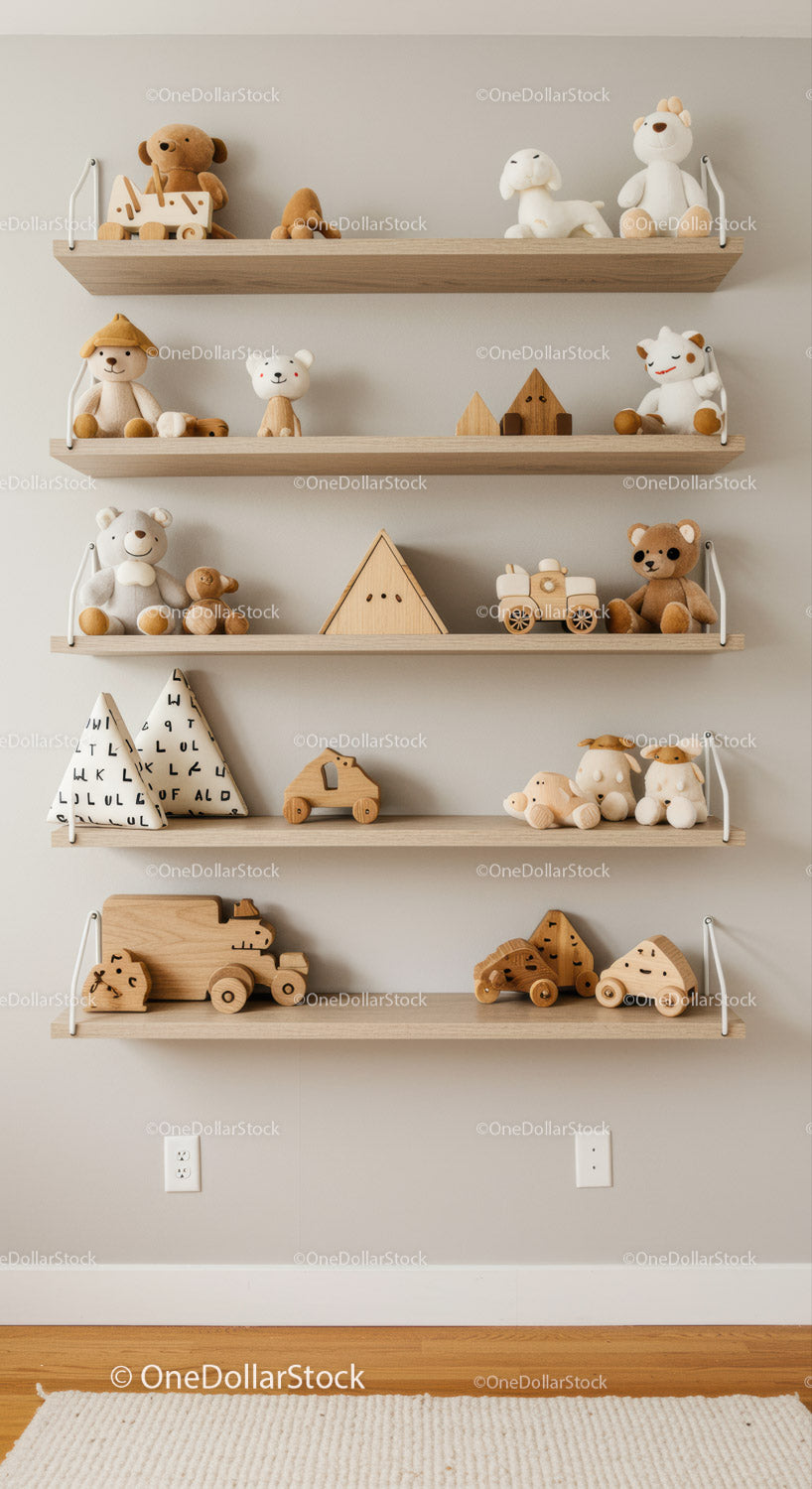 Assorted Wooden and Plush Toys Decorate a Cozy Kids Room Shelf