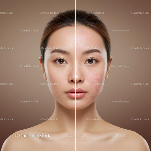 Portrait of a Woman with Clear Complexion and Acne Before and After Skincare
