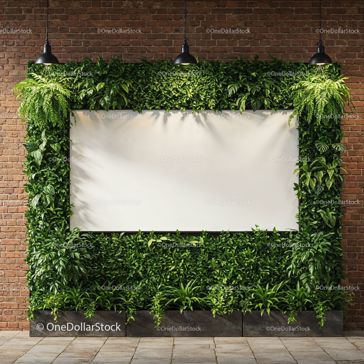 Blank white billboard surrounded by lush greenery
