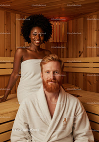 Happy Couple Enjoying Sauna Spa with Wooden Interior