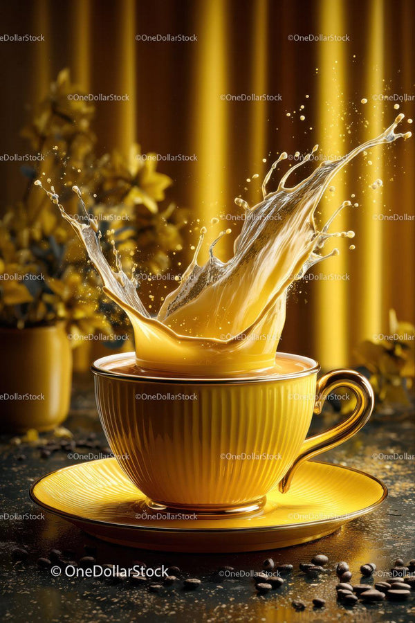Vibrant Yellow Coffee Cup Splashing with Hot Coffee in Elegant Setting
