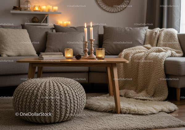 Cozy living room with warm candlelight and knit textures