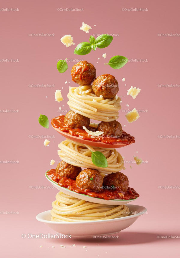 Floating spaghetti with meatballs and basil leaves