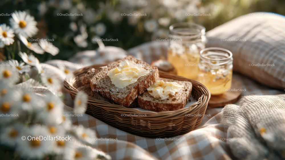 Delicious Buttered Bread with Refreshing Drinks in a Sunny Picnic Setting