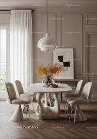 Elegant Modern Dining Room with Marble Table and Beige Chairs