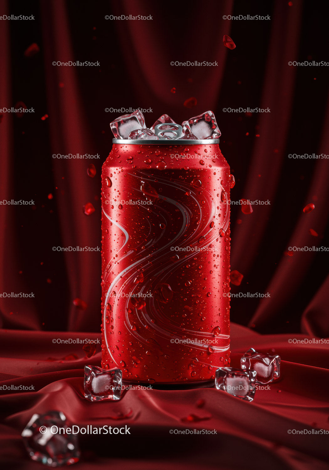Red soda can with ice cubes on red silk background