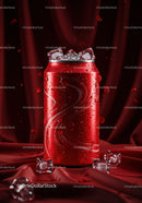 Red soda can with ice cubes on red silk background