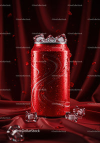 Red soda can with ice cubes on red silk background