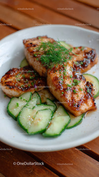 Grilled Chicken Thighs with Cucumber and Fresh Dill Garnish