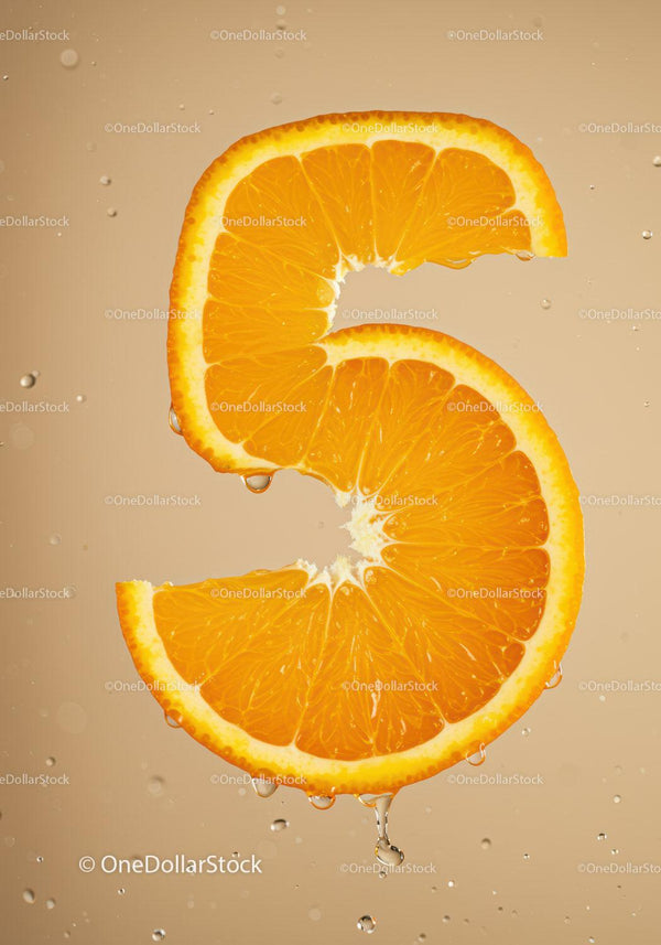 Fresh Orange Slice Shaped as Number Five with Water Drops