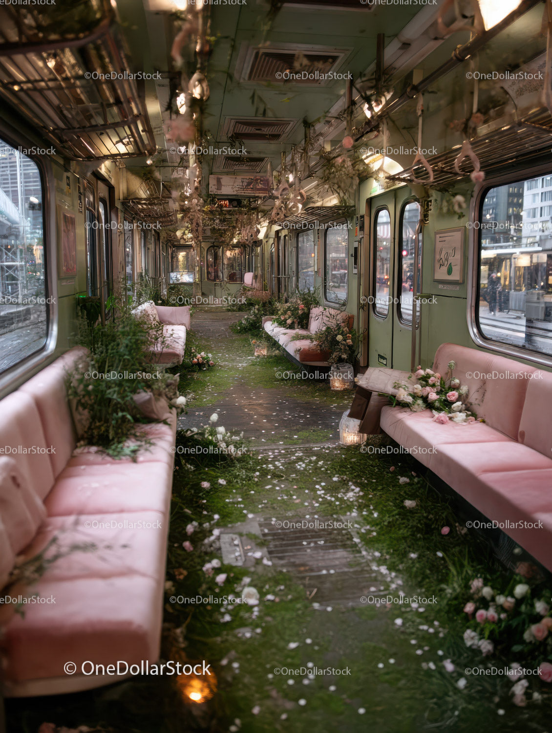 Vintage Train Carriage with Overgrown Moss and Floral Decor