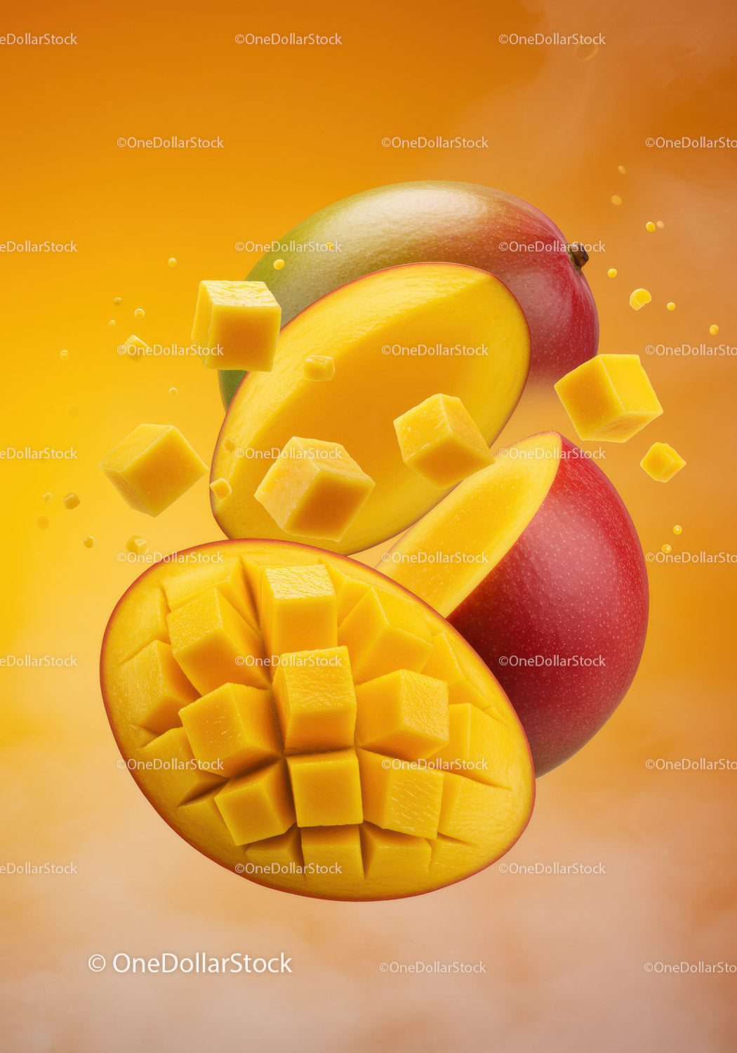 Fresh mango cubes with vibrant tropical whole fruit