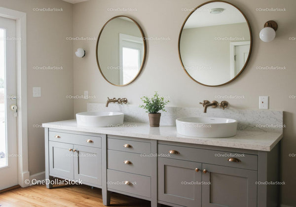 Modern Bathroom with Double Vessel Sinks and Round Mirrors