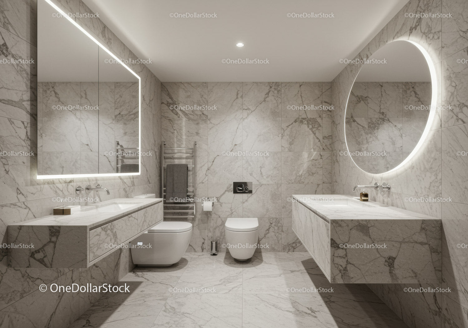 Luxurious Modern Marble Bathroom with Round Mirror and LED Lighting