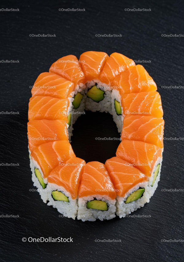 Fresh salmon avocado sushi ring on dark slate plate