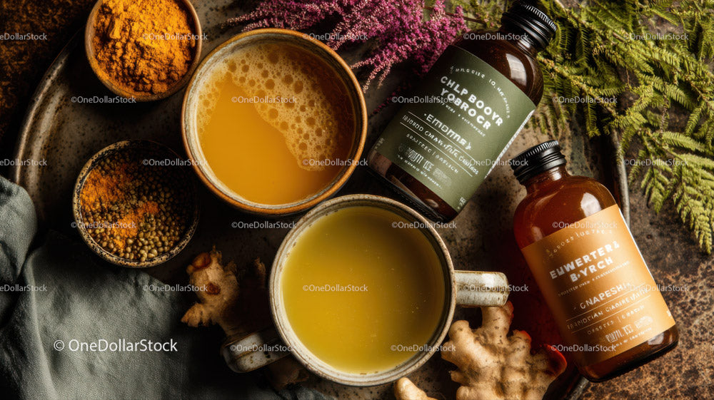 Herbal Supplements with Ginger Root and Turmeric Powder for Wellness