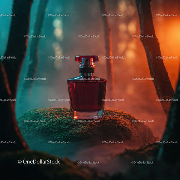 Elegant Red Perfume Bottle in Mystical Forest at Sunset JPG Mockup Image