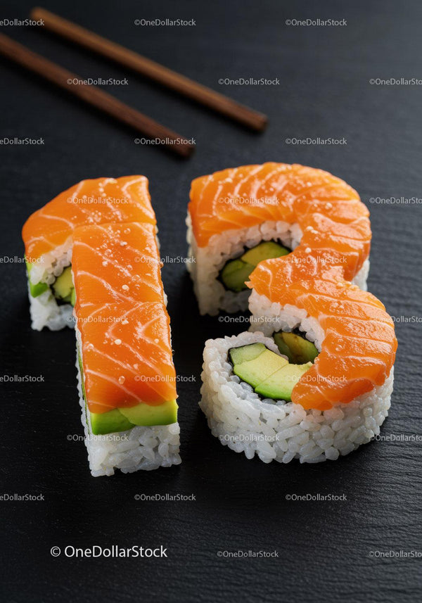 Fresh Salmon Avocado Sushi Rolls on Black Slate